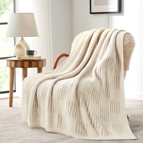 Snuggle Sac Faux Fur Checkered Blanket Twin Size with Soft Knitted Microfiber,Reversible Soft Cozy Warm Blanket for Sofa Bedroom,Cute Lightweight Striped Throws for Women,Heather Cream,60x80 inches by SnuggleSac