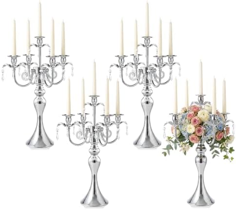 20.3'' Tall 5 Arm Silver Metal Candelabra Centerpiece for Table, Retro Table Centerpieces for Party, Events, Home, Wedding Decor (4) by KOLNLALA
