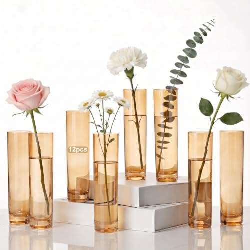 Didaey 12 Pcs Acrylic Bud Vases Amber, Cylinder Vase for Rose Centerpieces by Didaey