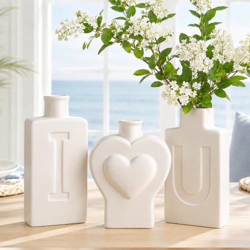 TBWIND 3 Pack White Heart Ceramic Vases, I Love U Home Decor by TBWIND