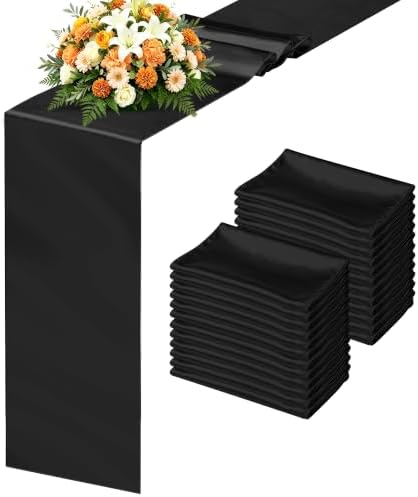 24 Pack Black Satin Table Runners 12 x 108 Inch Reusable Seamless Design by COSINIA