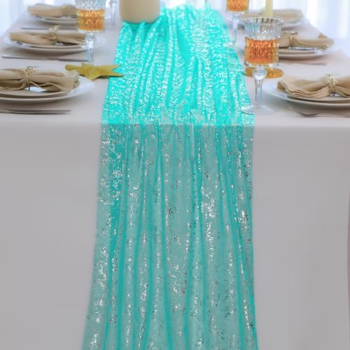 Snowkingdom 10Pcs Turquoise Silver Table Runner 10ft Sparkly Aqua Teal Blue Sheer Glitter Cheesecloth Gauze Party Birthday Decorations for Wedding Bridal Baby Shower Beach Thanksgiving Christmas by Snowkingdom