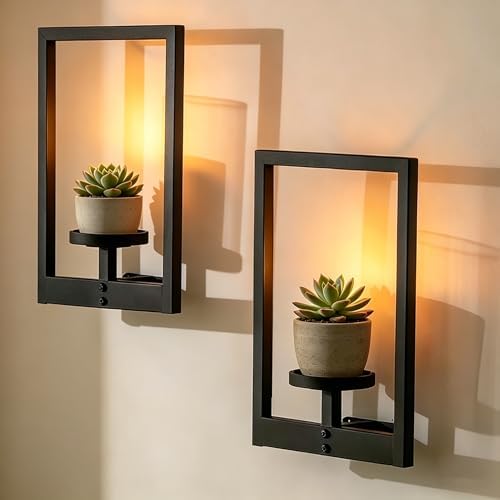 Modern Metal Wall Sconce Candle Holder Set of 2, Matte Black Floating Frame with Removable Glass Chimney, 11.8" Decorative Wall Mounted Lantern for Living Room, Patio, or Planter Display - Image 5
