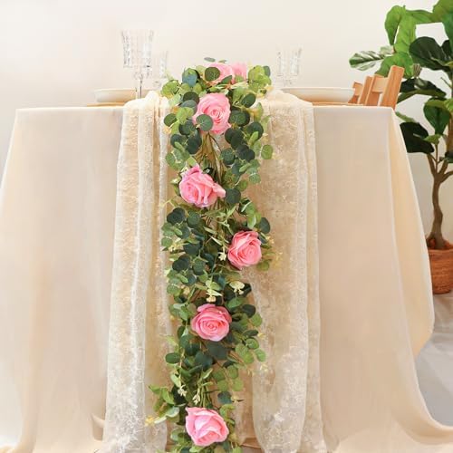 1 Pack Artificial Garland Eucalyptus Vine with 12 Roses for Home Decor Wedding Table Runner Centerpiece DIY Wreath Decor (Pink) - Image 2