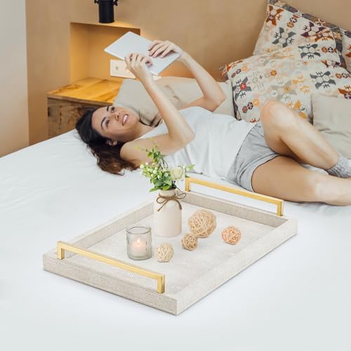 XIGEXIGE Ivory Shagreen Decorative Tray Large Rectangle Coffee Table Tray for Ottoman Faux Leather Serving Tray with Brushed Gold Handles - Image 6