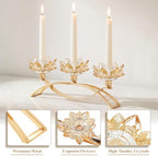 Crystal Lotus Taper Candle Holders, 3 Arms Metal Crystal Candlesticks, Decorative Flower-Shaped Candle Holders for Dining Table Centerpiece, Wedding, Home & Holiday Decor (Gold, 3 Arm) - Image 3