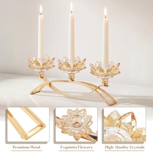 Crystal Lotus Taper Candle Holders, 3 Arms Metal Crystal Candlesticks, Decorative Flower-Shaped Candle Holders for Dining Table Centerpiece, Wedding, Home & Holiday Decor (Gold, 3 Arm) - Image 3