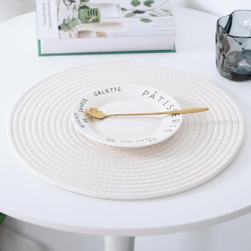 Round Woven Placemats Set of 8 with Holder Heat Resistant Placemats 13.5 Inches Farmhouse Cotton Rope Place Mats for Dining Tables Trivets for Hot Dishes, White - Image 6