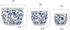 Galt International Blue & White w/Yellow Accent Round Fluted Floral Porcelain Ceramic Plant Flower Planter Pot Set of 3 (7.5", 10", 13") Garden Pots Chinese Asian Design - Image 2