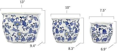 Galt International Blue & White w/Yellow Accent Round Fluted Floral Porcelain Ceramic Plant Flower Planter Pot Set of 3 (7.5", 10", 13") Garden Pots Chinese Asian Design - Image 2