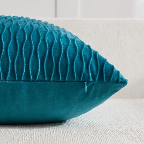 DEZENE Turquoise Throw Pillow Cases 24x24: Pack of 2 Inch Vertical Ripple Striped Velvet Square Decorative Pillow Covers for Farmhouse Couch Sofa Bed Living Room Home Decor - Image 3