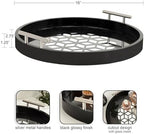 Kate and Laurel Caspen Cut Out Pattern Decorative Round Tray with Silver Metal Handles; 16 x 16; Black and Silver; Modern Glam Serving Tray with Handles for Living Room Decor - Image 2