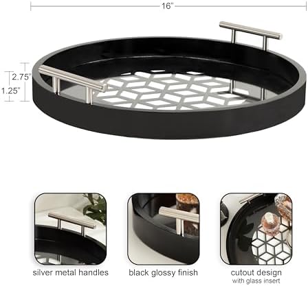 Kate and Laurel Caspen Cut Out Pattern Decorative Round Tray with Silver Metal Handles; 16 x 16; Black and Silver; Modern Glam Serving Tray with Handles for Living Room Decor - Image 2
