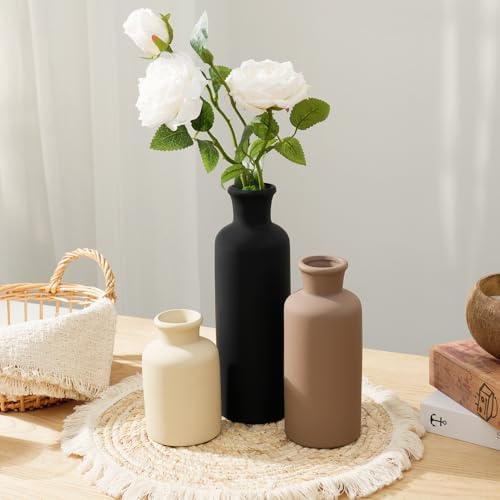 Ceramic Vase Set of 3, Modern Neutral Minimalist Home Decor, Boho Rustic Farmhouse Decorative Vases for Pampas Grass Dried Flowers | Table Centerpiece Entryway Mantel Shelf(Black Mix Set - White#2) - Image 3