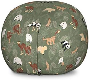Ambesonne Forest Friends Storage Toy Bag Chair, Design with Monkey Panda Bear and Outline Leaves, Stuffed Animal Organizer Washable Bag, Large Size, Reseda Green Multicolor by Ambesonne