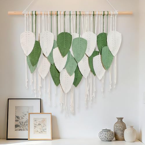 NYEONHRT Large Macrame Wall Hanging Handmade Boho Leaf and Feather Tapestry for Modern Home Decor Perfect Wall Art for Living Room Bedroom Nursery Apartment Backdrop 39x31 Inch (White green) - Image 7
