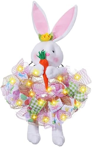 Easter Wreaths for Front Door with Lights,Easter Door Wreath,Easter Mesh Wreath,Bunny Spring Colorful Easter Decorations Holiday Ornament for Home Indoor Outdoor Supplies (Pink Bunny) by YOUDRN