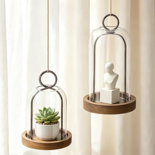 Set of 2 Versatile Rustic Metal Candle Holder with Handmade Sturdy Glass Dome and Rustic Brown Wooden Base for Pillar Candle & Plants, Industrial, Farmhouse, Shabby Chic, Display Cloche Bell Jars - Image 4