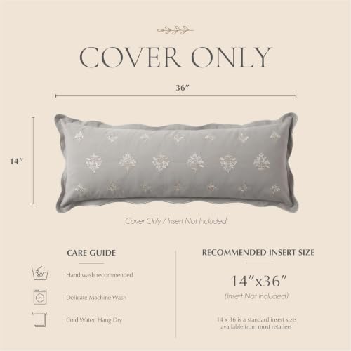 BlissBlush Long Lumbar Pillow Cover 14x36 for Bed, Light Gray Velvet Decorative Lumbar Pillow Cover, Floral Accent Cushion Cover with Embroidery and Scalloped Edge for Couch Sofa Bed, Cover ONLY - Image 6