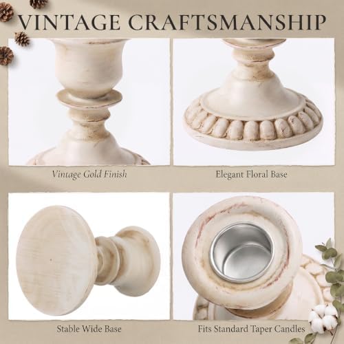 Mumufy 6 Pcs Pillar Candle Holders, Vintage Resin Candle Stands, Farmhouse Retro Table Centerpiece Candles Holders for French Country Decoration Home Wedding Party Living Room (Distressed White) - Image 3