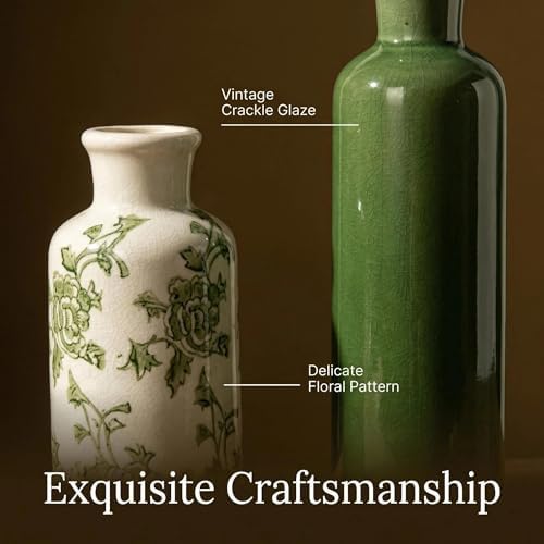 Vintage Ceramic Vase Set of 3, Chinoiserie Rustic Pottery Green Flower Vase - Image 2