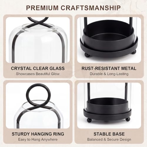 Woanger 3 Set Hurricane Glass Candle Holder with Hook, No Candle, Black - Image 3