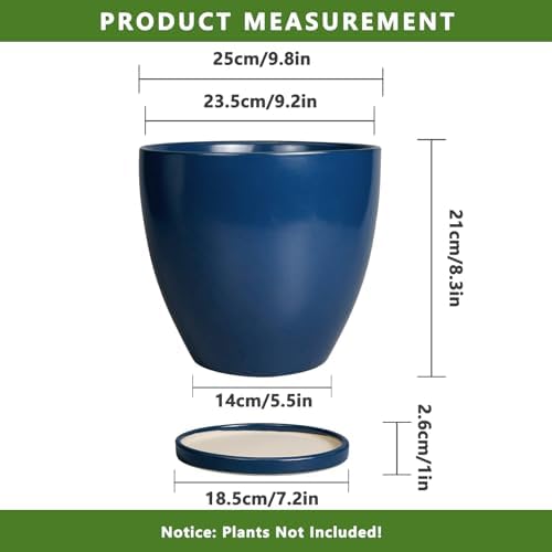 10 Inch Plant Pot - Ceramic Planter with Drainage Hole and Saucer, Modern Flower Pot, Round Planters for Indoor Plants, Home Patio Bathroom Porch Garden Living Room Decor, Blue - Image 3