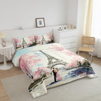 Paris Decor Comforter Set King Girly French Eiffel Tower Bedding Sets For Girls Kids Women Couple Bedroom Pink Cherry Blossoms Duvet Insert Watercolor Paris Tower Comforter Valentine 3 Pieces - Image 3