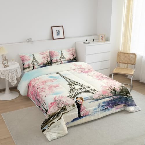 Paris Decor Comforter Set King Girly French Eiffel Tower Bedding Sets For Girls Kids Women Couple Bedroom Pink Cherry Blossoms Duvet Insert Watercolor Paris Tower Comforter Valentine 3 Pieces - Image 3