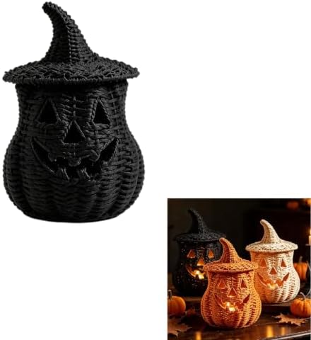 TREBIN 11'' Wicker Pumpkin Lantern Halloween Decor, Handwoven Rattan Halloween Candy Basket Jack O Lantern Candle Holder, Rustic Witch Hat Pumpkin Decoration for Tabletop Porch Mantel (Single-Black) - Image 2