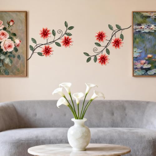 KHJCXS 2 Pieces Metal Flower Leaf Wall Art, 15.1"×7.3" Modern Rustic Iron Artwork Hanging Decor for Home Bedroom Living Room Dining Room Kitchen Hallway Office (Red) - Image 7