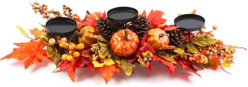 Fall Harvest Centerpiece with 3 Candle Holders, Maple & Pumpkin by DTNESS