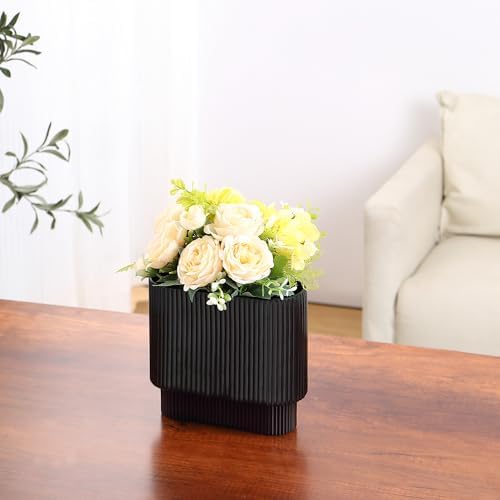 Ribbed Vase, Black Glass Vase for Flowers, Black Flower Vases for Tulips, Modern Vases for Living Room, Dining Table, Office, Bedroom, Mantle, Shelf, Wedding, 7 Inch - Image 2