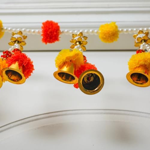 Desi Favors Toran with Hanging Bells for Door, Marigold Decorations for Pooja, Bandhanwar, Diwali, Mantle, Indian Thoranam, 3 Feet (Pack of 1) - Image 2
