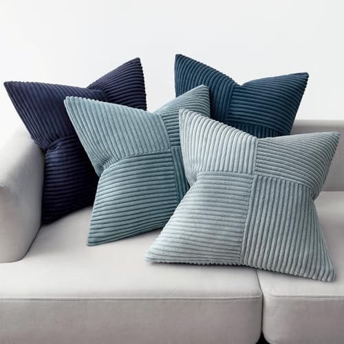 MIULEE Dusty Blue Navy Farmhouse Throw Pillow Covers 20x20 Inch Set of 4 Boho Patchwork Gradient Cushion Cases Western Modern Pillow Cases Corduroy Home Decor for Couch Sofa Living Room Bed - Image 5