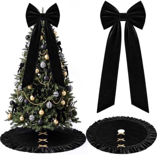 Black Christmas Topper Bow 16x40 Tree Skirt 48" Decoration Set by Maysing
