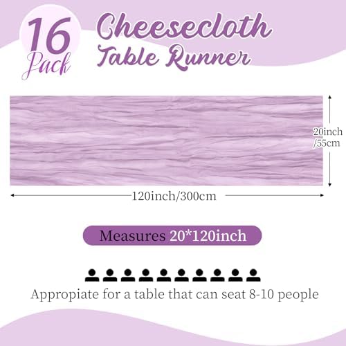 16 Pack Lavender Cheesecloth Table Runners 20x120 Inch Gauze Table Runner Cheese Cloth 10FT Lavender Table Runner Rustic Sheer Runner for Wedding Baby Shower Birthday Party Table Decor - Image 2