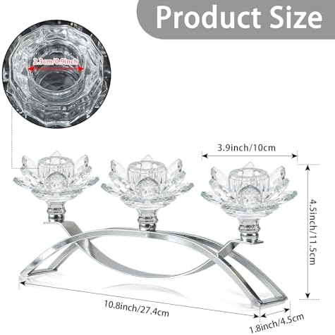 Crystal Lotus Taper Candle Holders, 3 Arms Metal Crystal Candlesticks, Decorative Flower-Shaped Candle Holders for Dining Table Centerpiece, Wedding, Home & Holiday Decor (Clear, 3 Arm) - Image 2