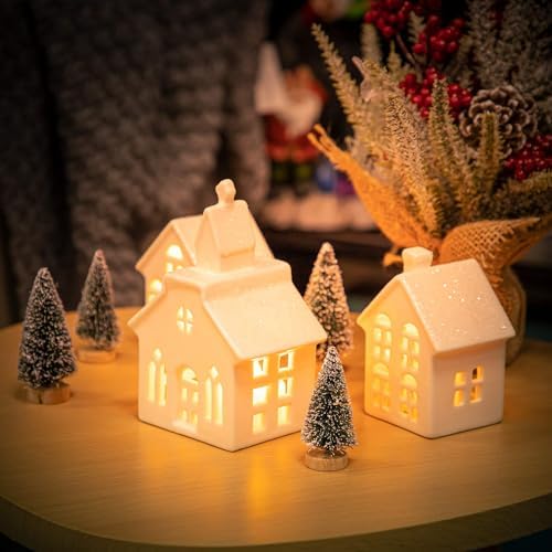 Mwfus 7 Pcs Christmas Miniature Porcelain Village Sets with LED Lights - Image 3