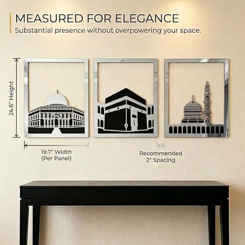 iwa concept Masjid Al Aqsa, Kaaba & Masjid An-Nabawi Islamic Wall Art, Wooden Blessed Places Islamic Wall Decor, Gift for Muslims at Ramadan Eid (Large, Silver | All Three) - Image 2