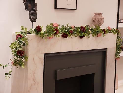Anna's Whimsy 2PCS 5.91FT Artificial Eucalyptus Garland with Flowers, Fake Rose Gypsophila Garlands, Faux Floral Greenery Garland for Wedding Spring Home Party Table Runner Decor（Dusty Pink） - Image 6