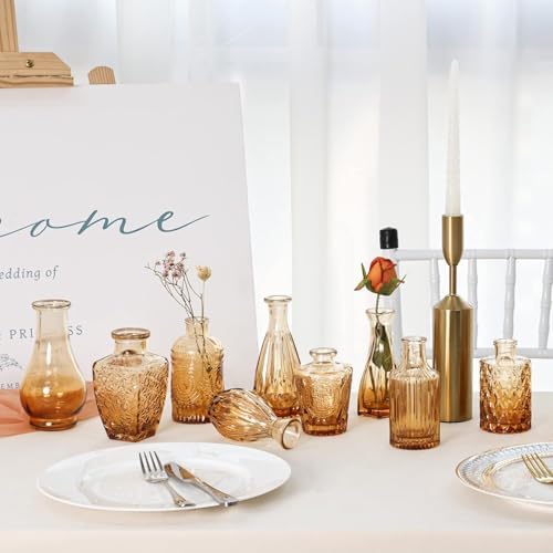 CUCUMI 12pcs Bud Vases for Centerpieces, Amber Gold Glass Vase Set - Image 7