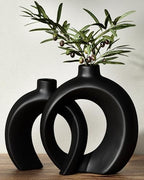 Round Donut Vase Set of 2 - Minimalist Nordic Modern Ceramic Decorative Black Vases For Home Office Book Shelf,Table Decor for Living Room,Coffee,Tv Stand Entry Console Mantle Decoration (Matte Black) by Jonronboci