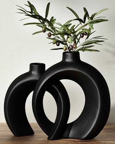 Round Donut Vase Set of 2 - Minimalist Nordic Modern Ceramic Decorative Black Vases For Home Office Book Shelf,Table Decor for Living Room,Coffee,Tv Stand Entry Console Mantle Decoration (Matte Black) by Jonronboci