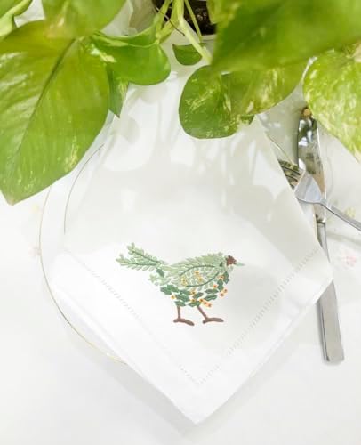 -Embroidered Cloth Napkin Green Bird Christmas Cotton Napkin, Set of 6, 20x20 Hemstitch Table Napkin, Machine Washable Elegant Holiday, Everyday Dinner Napkin, Great Gift Idea - Image 5