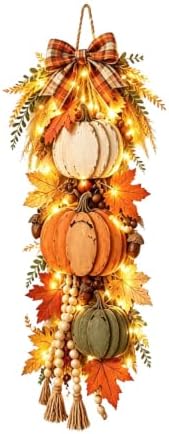 Rustic Harvest Wooden Door Hanger, Pumpkin Maple Fall Bowknot Wall Hanging Sign with Light Autumn Wreath Decorations, Wreath Farmhouse Porch Front Door Home Gift (Orange#4) - Image 6