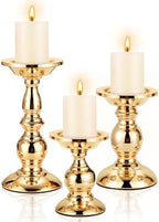 3 Pcs Gold Metal Pillar Candle Holder, 5.31, 6.50, 8.46 Inch Tall by Ferrochef