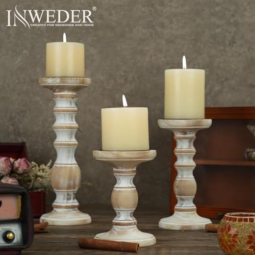 Wood Pillar Candle Holder: Rustic Distressed White Candle Stand - Image 4