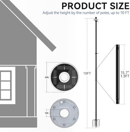 ZMTECH 2 Packs 10 FT Heavy Duty Flag Pole in Ground with Solar Light, Flag Pole Holder for Outside House with Solar Light and 5 Pronges Base, Flag Pole Kit for Outdoor Garden Decor(Without Flag) - Image 6