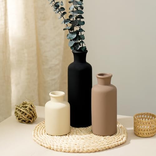 Ceramic Vase Set of 3, Modern Neutral Minimalist Home Decor, Boho Rustic Farmhouse Decorative Vases for Pampas Grass Dried Flowers | Table Centerpiece Entryway Mantel Shelf(Black Mix Set - White#2) - Image 6